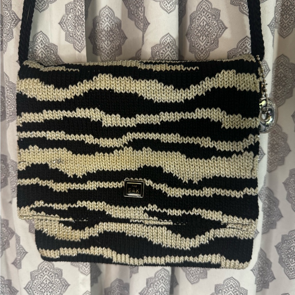 The Sak Black and Cream Striped Knit Crossbody Bag